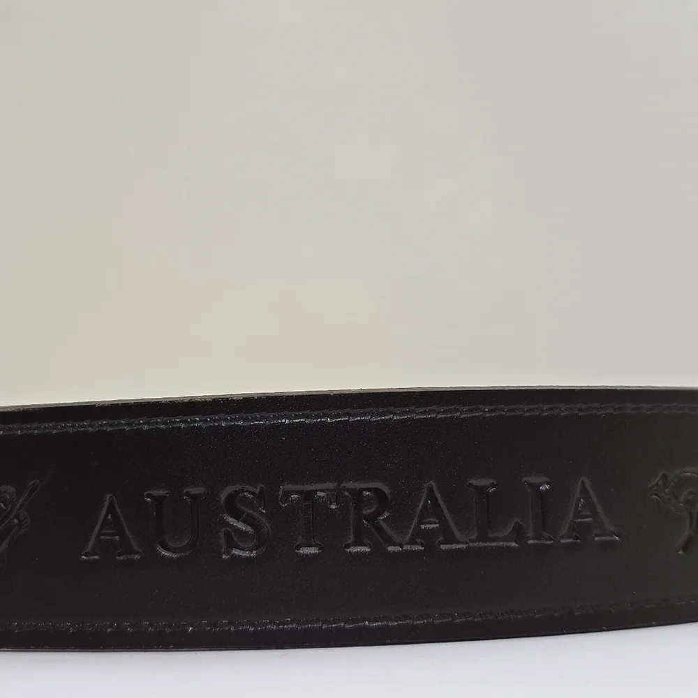 AUSTRALIA‎ belt size 36 Leather Brown Embossed Kangaroo Map Symbols Gold Buckle